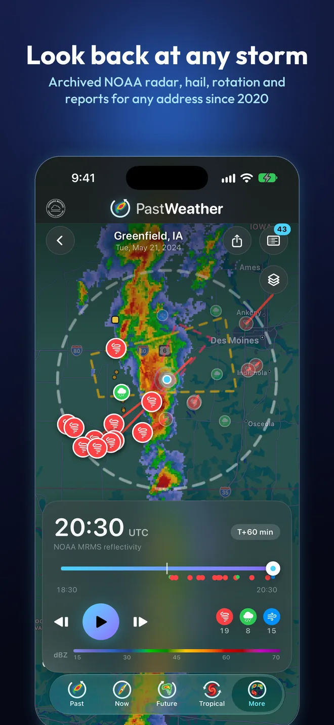 Look back at any storm: PastWeather showing archived radar and hail reports at Greenfield, Iowa