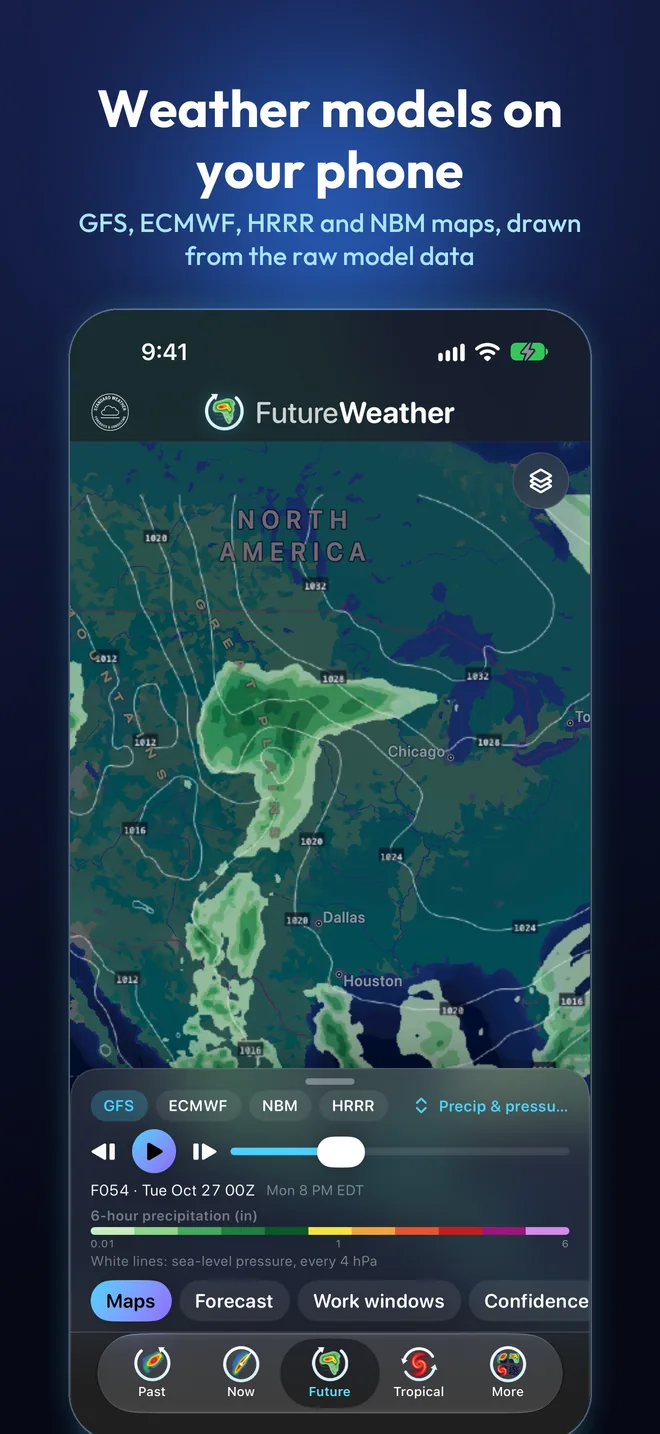 Weather models on your phone: FutureWeather showing a GFS precipitation map