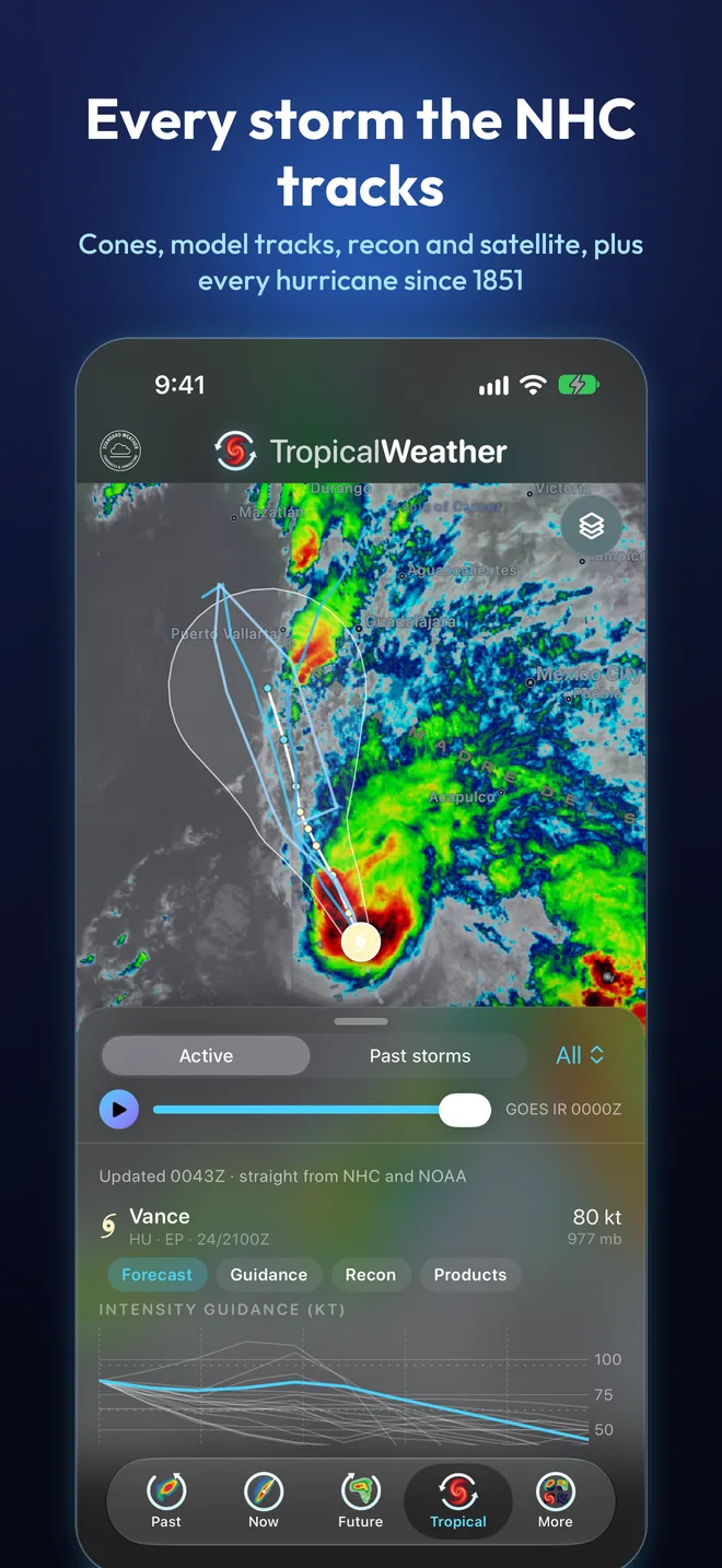 Every storm the NHC tracks: TropicalWeather showing Hurricane Vance's cone and model tracks