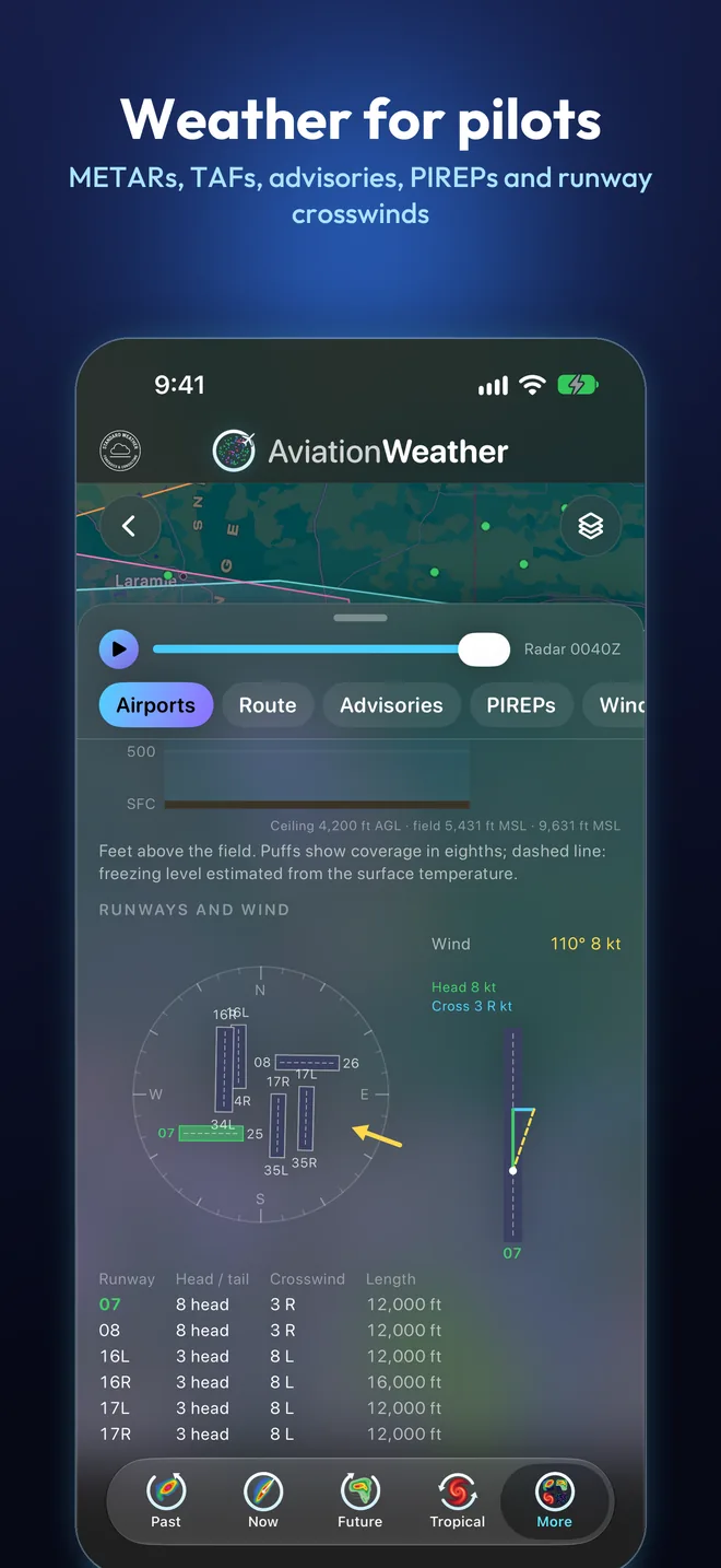 Weather for pilots: AviationWeather showing runways and crosswinds