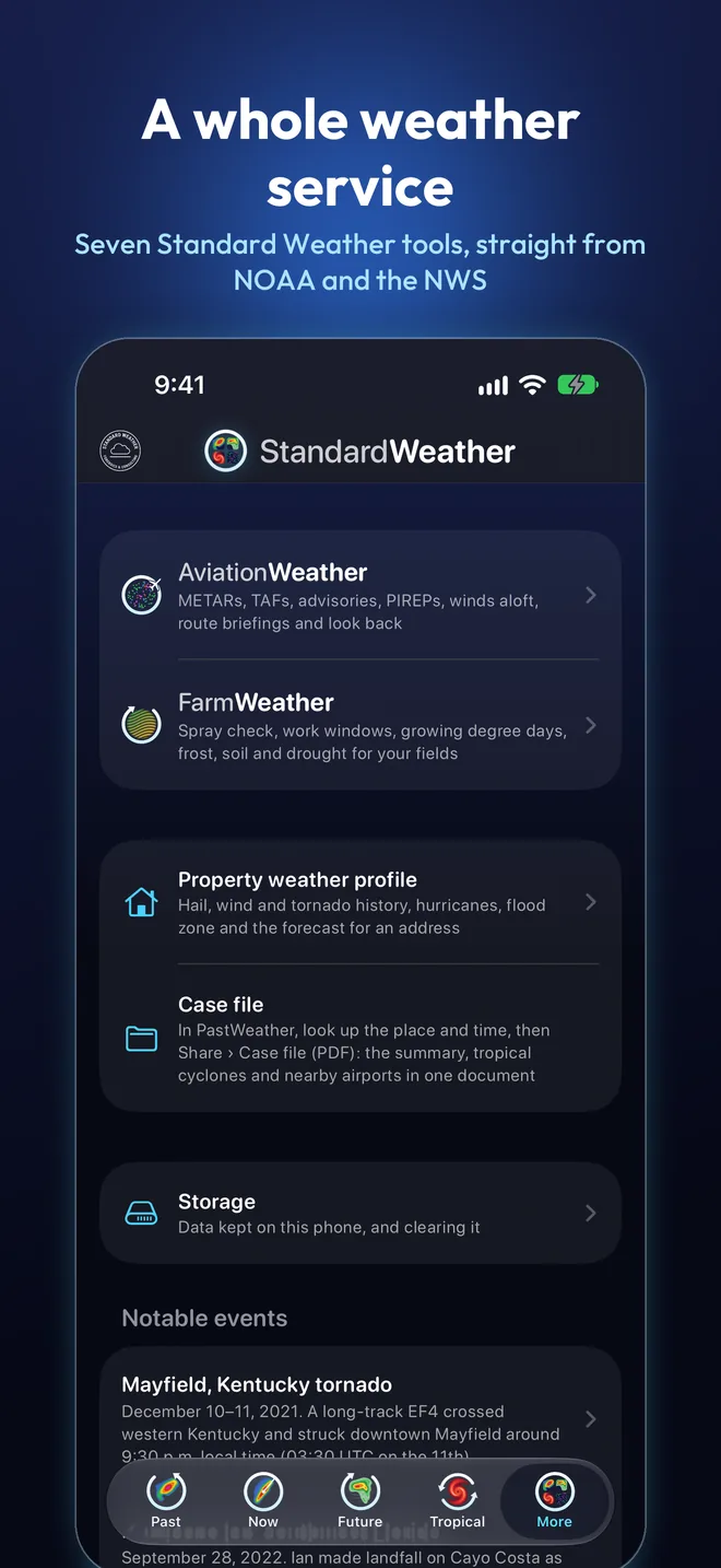 A whole weather service: the More tab with the other tools and notable events